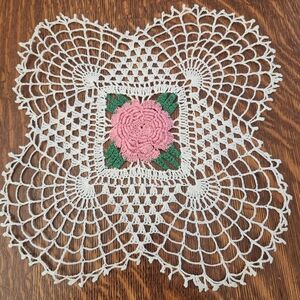 Vintage Mid Century Handmade Crocheted 3D Pink Rose Doily